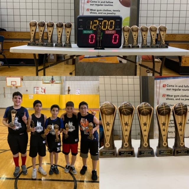 End-of-season collage: trophies lined up beside the scoreboard, and players holding the ones they won
